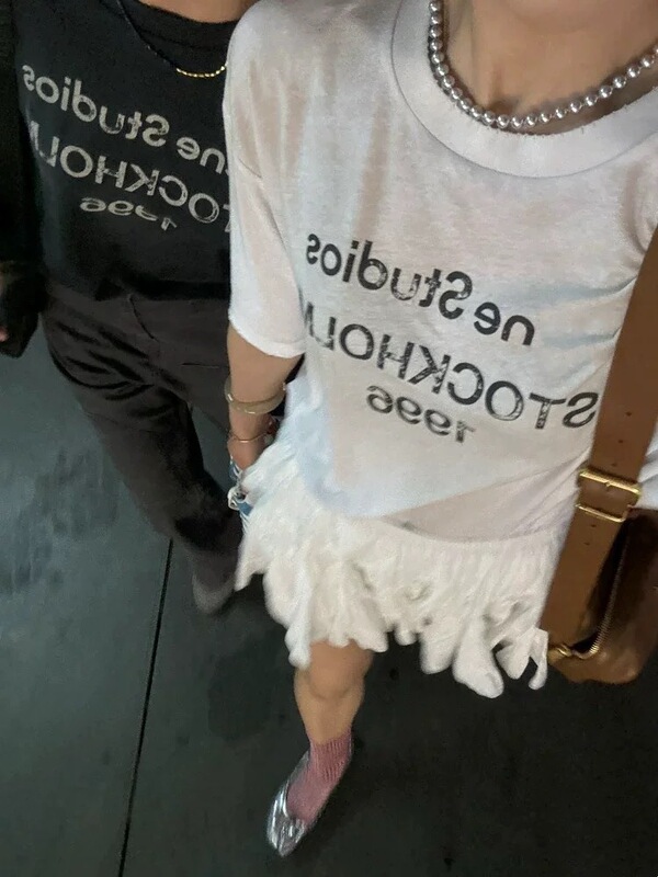 クロスボーダー高品質 Acn Stu25 春夏ダーティーウォッシュ加工文字プリント半袖Tシャツ 男女兼用|undefined