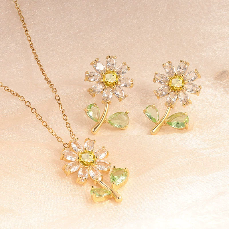 Earrings, necklace, small brand zirconium, set, diamond encrusted, flowered, light luxury style, internet celebrity