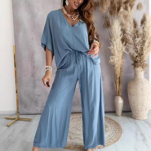 Amazon AliExpress Independent Store 2025V Collar Batwing Sleeve Loose Wide Leg Pants Set for Women