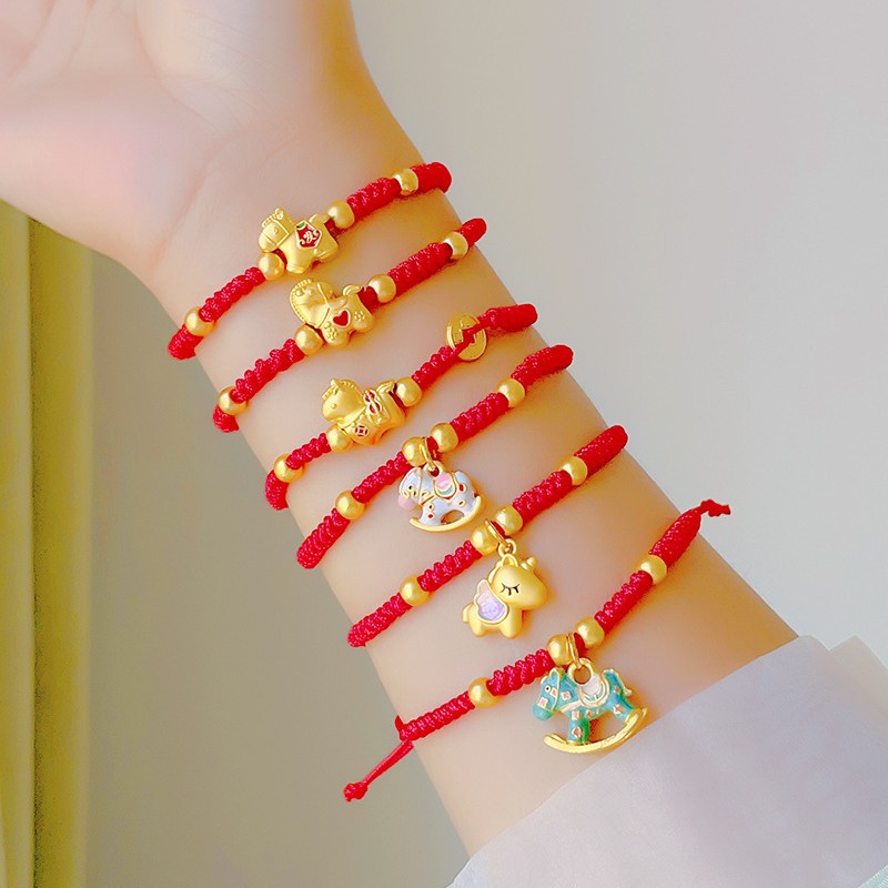 2026年新款生肖马本命年小马手工编织抽拉式红绳手链儿童女童手绳