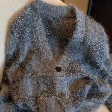 灰色亮片V领马海毛加厚毛衣开衫女秋设计感小众时尚气质针织外套