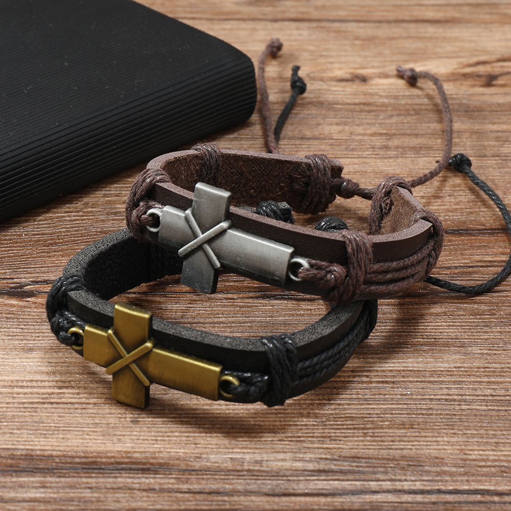 Pu Leather, Alloy Material Retro Geometric Pu Leather Alloy Knitting Men's Bangle Men Cord & Leather Bracelets