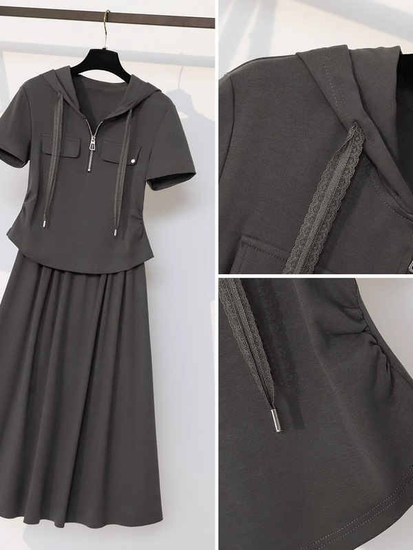 大きいサイズmm夏服、ファッショナブルでスリムなmmスーツ、レディース夏用フード付き半袖Tシャツ、ハイウエストスカート2枚|undefined