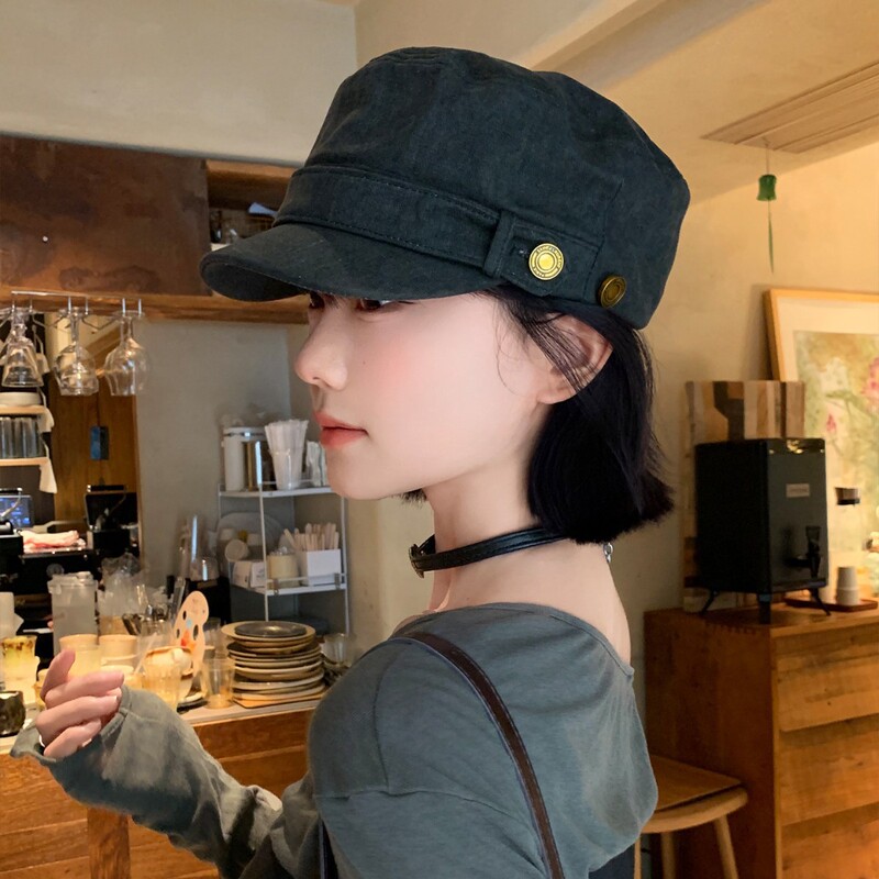 复古纽扣平顶马术帽气质风韩系古着感显脸小鸭舌帽做旧原宿八角帽|undefined