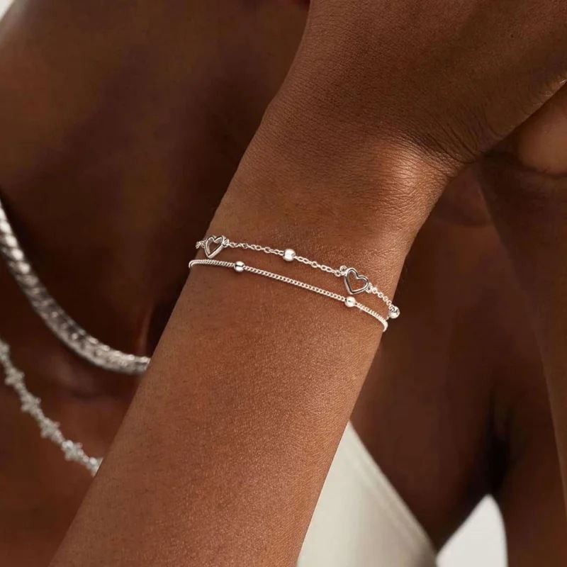 Elegant Double Layer Heart Bracelet With Minimalist Bead Chain_voghion.com