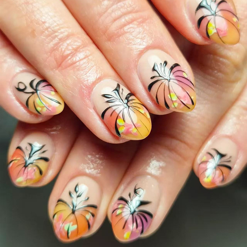 Autumn Thanksgiving Pumpkin French Short Oval Cross-Border Cute Style Nail Art Finished Wearable Nail Tips