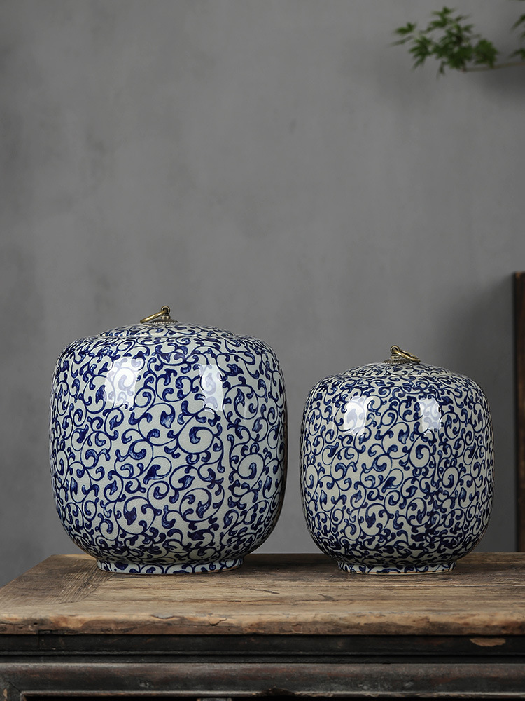 BB4C批發青花瓷茶葉罐大號5斤裝陶瓷散裝普茶餅密封儲存防潮