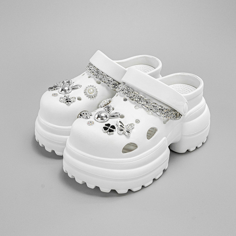 Thick-soled fashion high-heeled silver chain rabbit head hole new lightweight slippers EVA raised 10cm shoes women's foreign trade summer Thick-soled fashion high-heeled silver chain rabbit head hole new lightweight slippers EVA raised 10cm shoes women's foreign trade summer