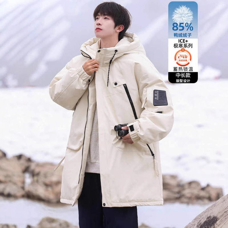 Nasa Mid-Length down Jacket Men's Winter 2025 New Trendy Thickeneded Hooded Casual Workwear White Duck down Jacket