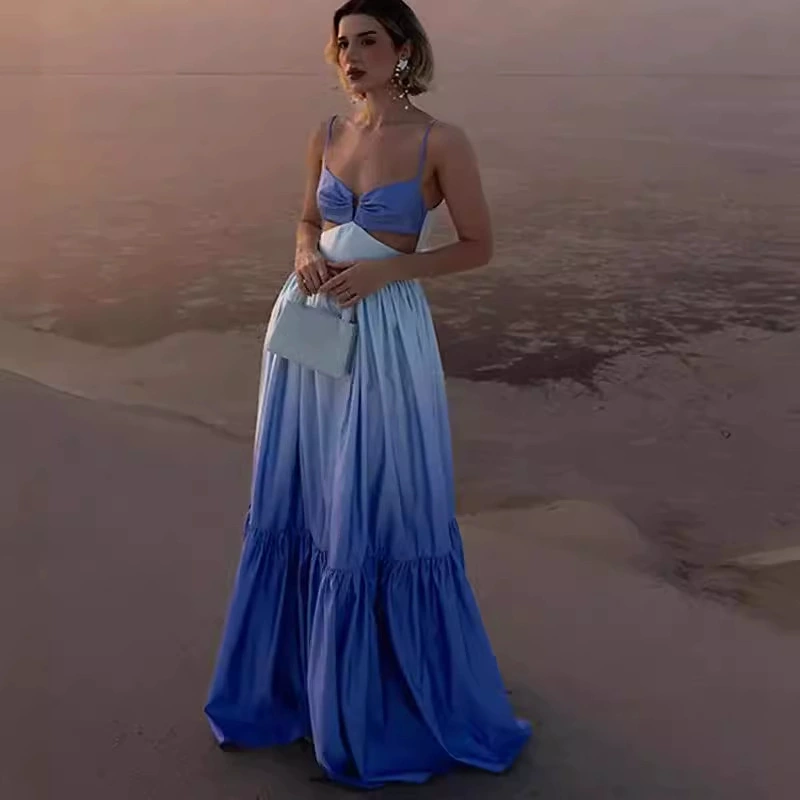 Модное и элегантное платье-сарафан с градиентной расцветкой и открытой талией, приталенное, популярное на AliExpress, в европейском и американском стиле.