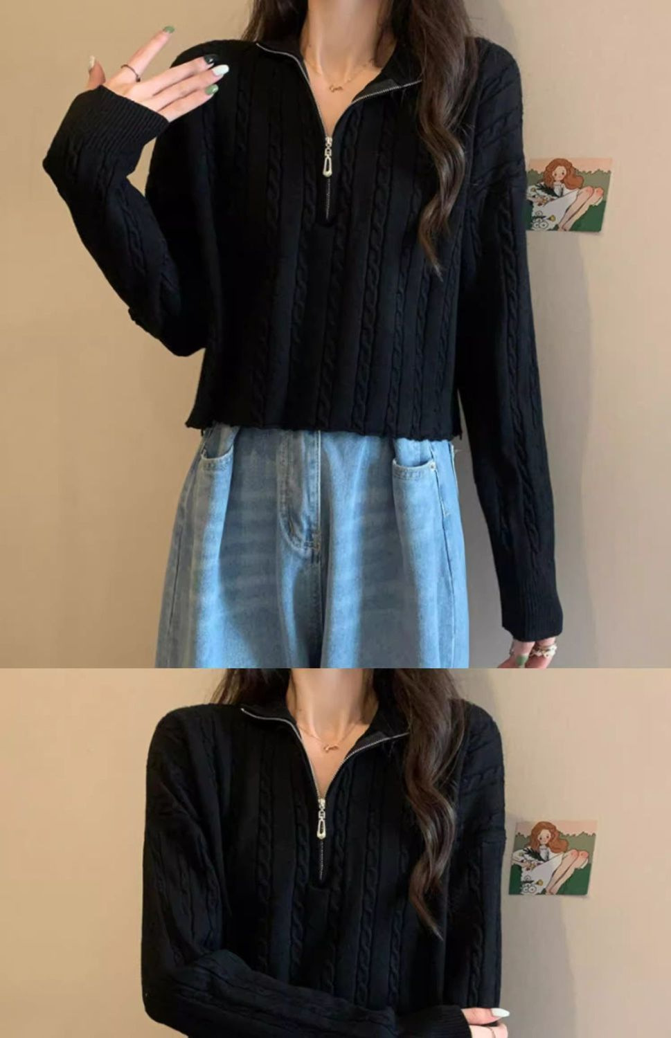 Maglione coreano a maniche lunghe con cerniera e scollo a V a mezza altezza, con fondo corto e piccolo, da donna, autunno_voghion.com