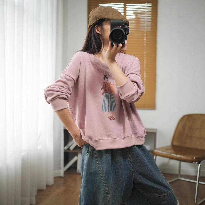 2025秋季新款 简约女孩印花拼接做旧卫衣 宽松圆领套头卫衣上衣女|undefined