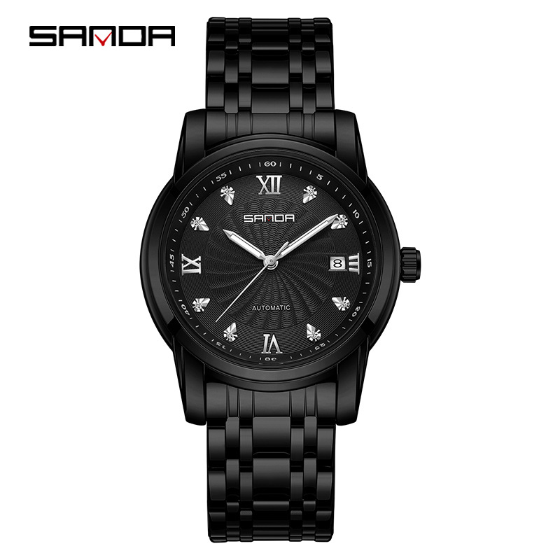 Sanda 7007 correa de acero para hombre reloj mecánico automático transparente inferior rhinestone moda manual reloj mecánico