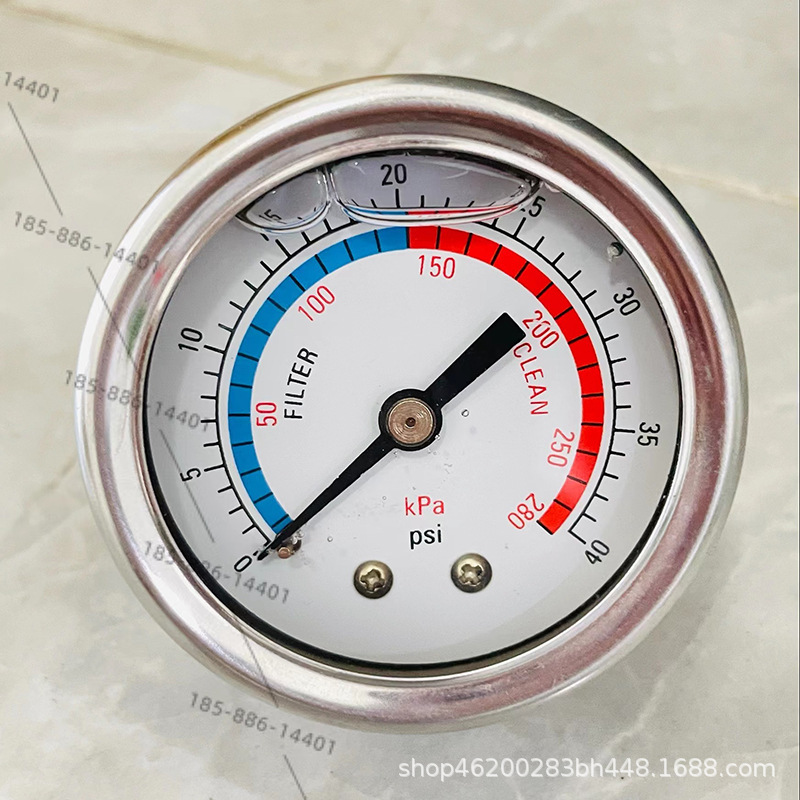 泳池油压压力表过滤砂缸配件沙缸头不锈钢压力表黄铜螺纹泳 池配