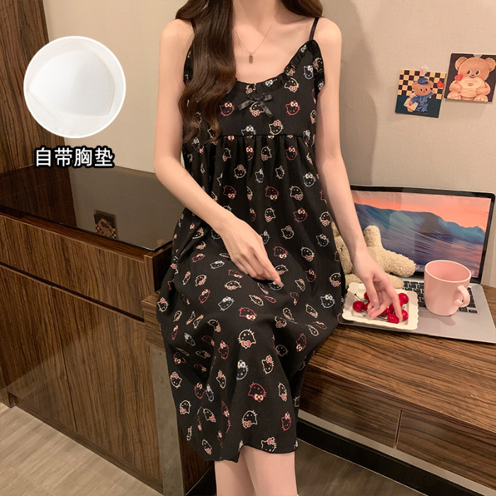 2025 pijamas de verano nubes de algodón cinturón cojín de pecho delgado vestido de pijama de suspensión fresco estudiante vestido de casa vestido unificado