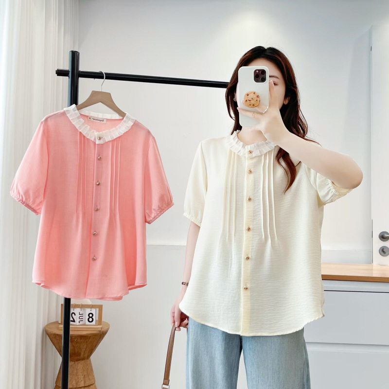 Plus-Size Women's Summer Lace Round-Neck Single-Breasted Pleated Design Gentle Style Versatile Short-Sleeve Shirt 751222