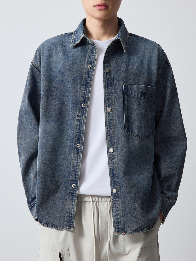 Áo khoác denim nam phong cách Mỹ, thêu họa tiết, kiểu dáng cổ điển — màu xanh nhạt chi tiết 4