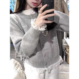 氛围感蕾丝花边拼接针织毛衣女2025秋季新款软糯宽松小众别致艺瑾
