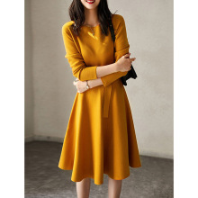 6866法式小香风名媛系带收腰针织裙秋季新款纯色打底A字连衣裙女