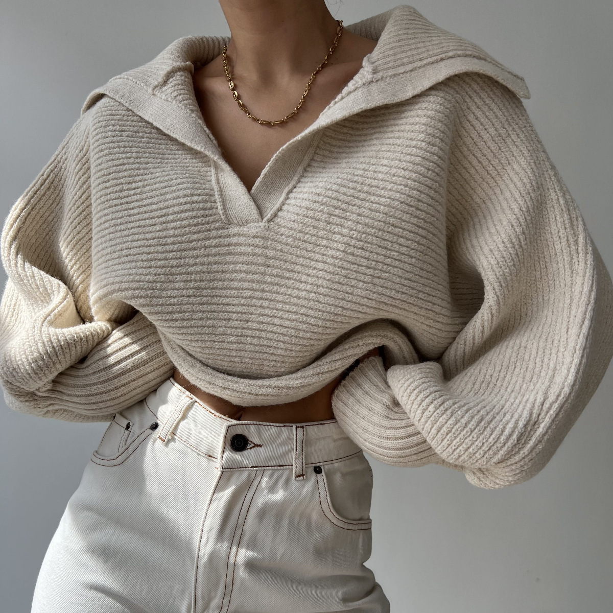 Women's Clothing Spring And Autumn New Knitted Sweater Knitted Sweater Lapel Pullover Women's Top_voghion.com