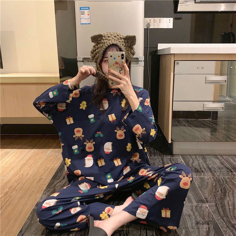 Korean Style Wearable Women's Pajamas Spring and Autum Long-Sleeved Pants Santa Claus Cute Student Home Clothes Two-Piece Set