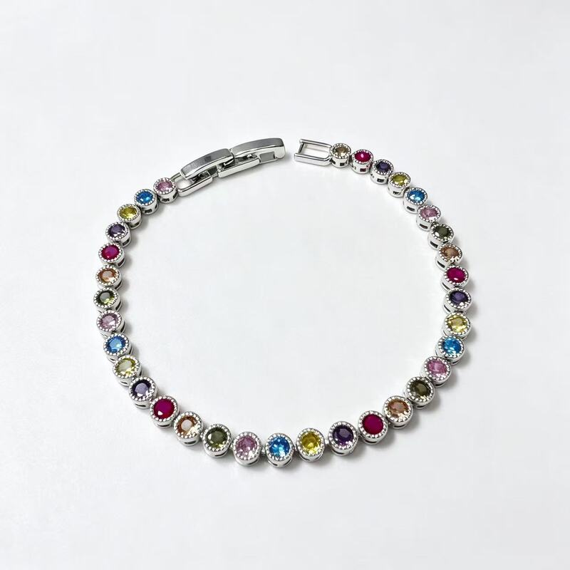 New Rainbow-Colored Gemstone Two-Tone Tennis Chain Bracelet for Men and Women, Exquisite Vintage Versatile Wrist Accessory That Enhances Complexion, Suitable for Commuting