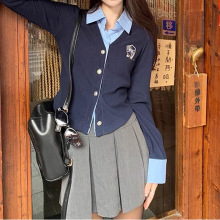 假两件polo领衬衫女秋季学院风修身显瘦短款叠穿上衣