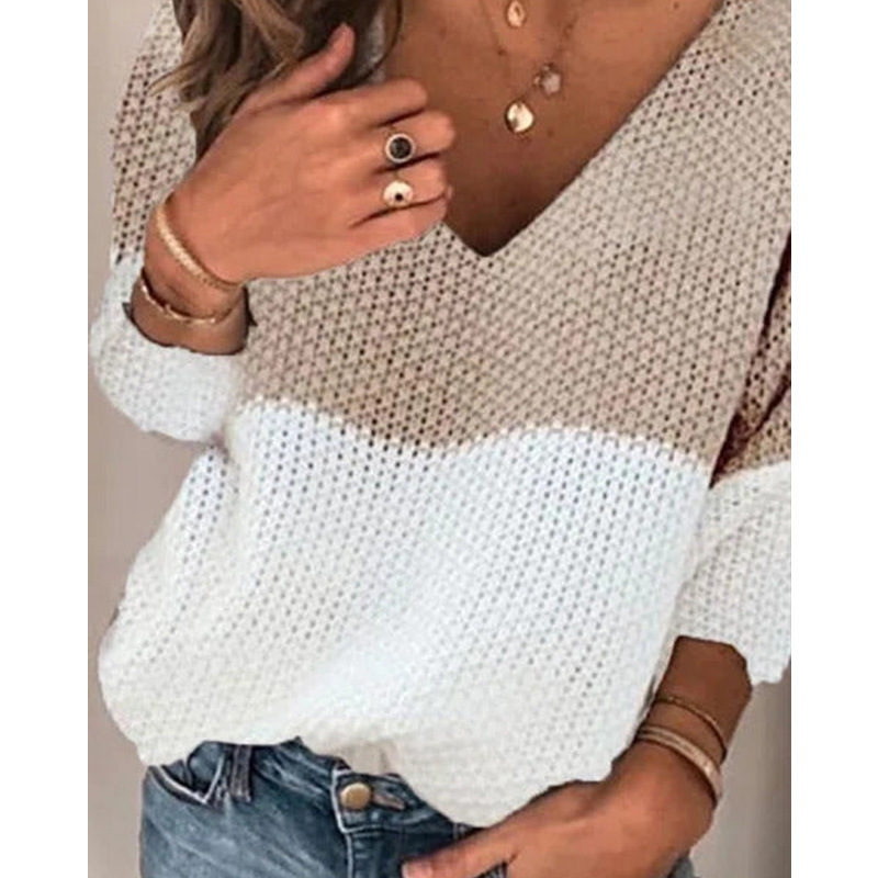 Women's autumn and winter new plus size women's sweater color contrast block V-neck sweater top_voghion.com