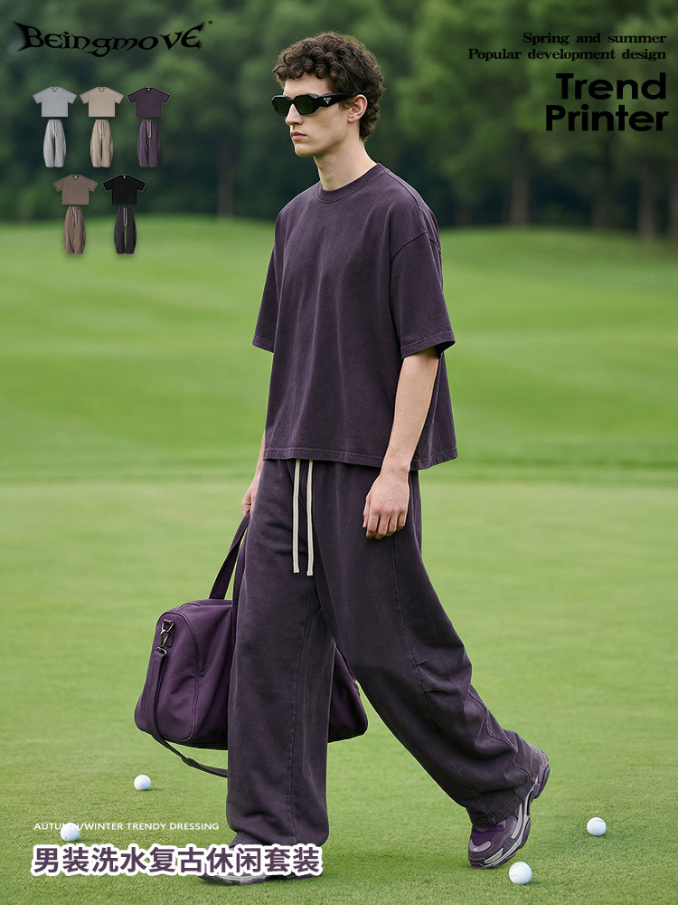 Calle secada retro lavado boxy hombro suelto bajada manga corta barra recta macheta pantalones largos de dos piezas set casual al aire libre
