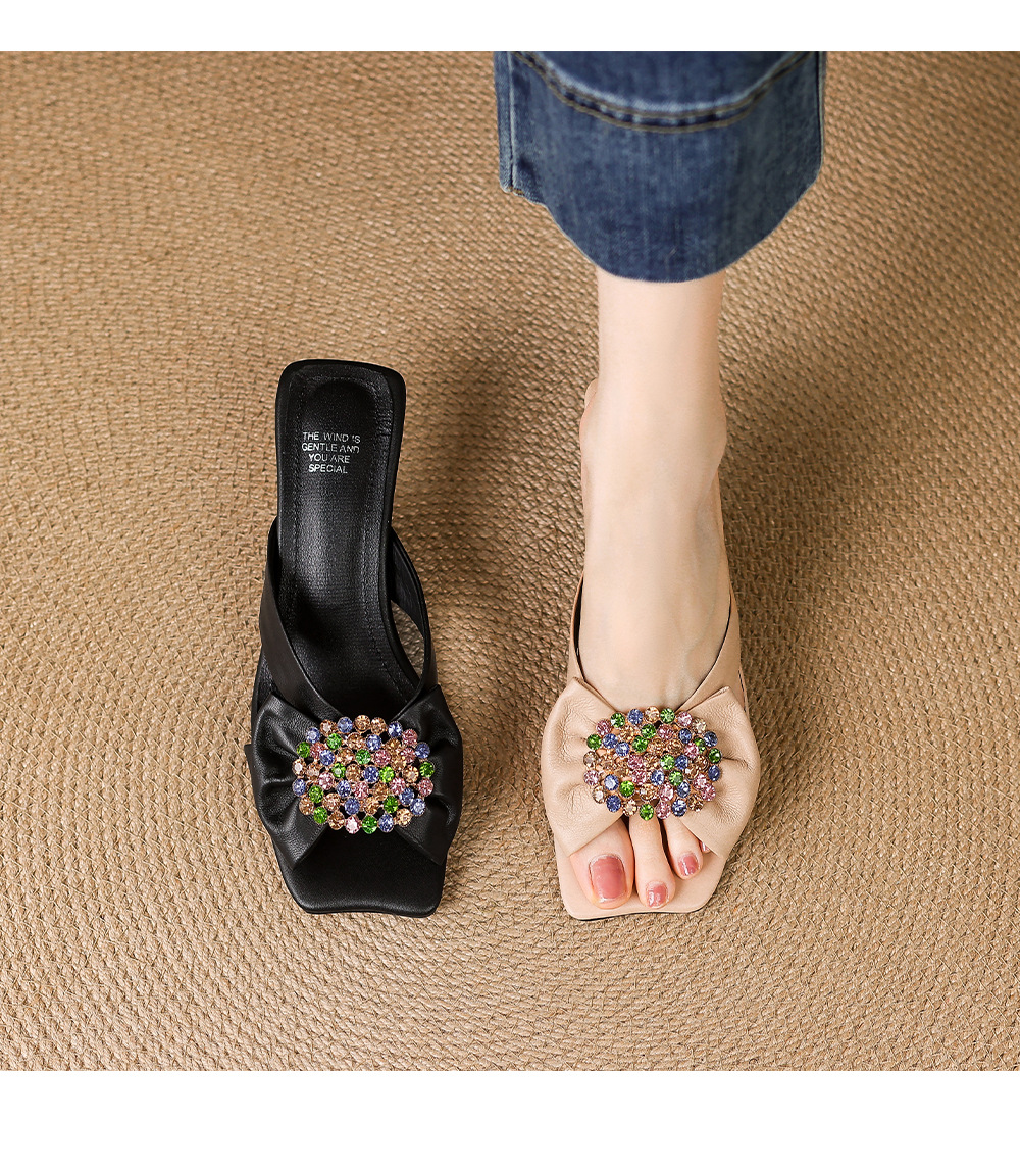 Sandal cao gót nữ hở mũi đính đá lấp lánh, gót 6 cm, mùa hè — đen chi tiết 10