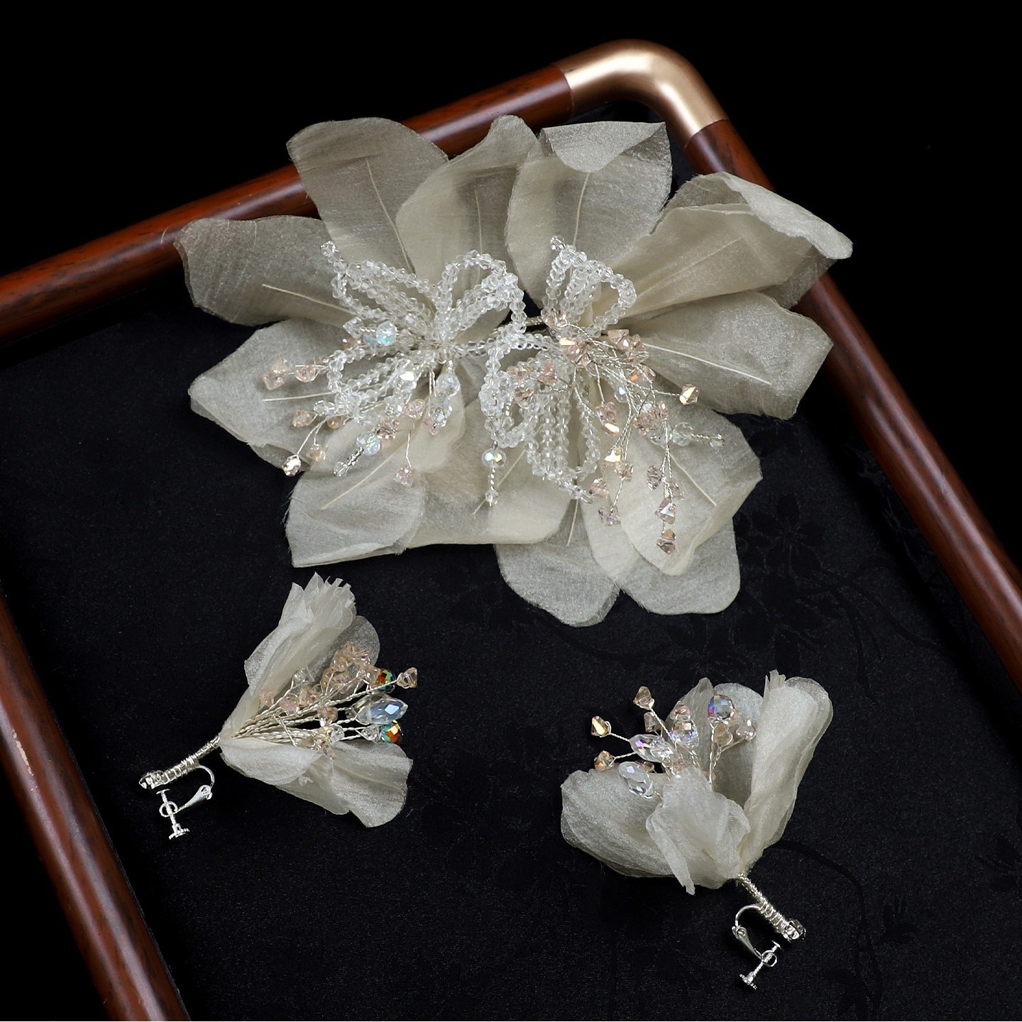 French vintage fairy-like champagne tulle floral rhinestone beaded headpiece and ear clip set bridal hair accessory