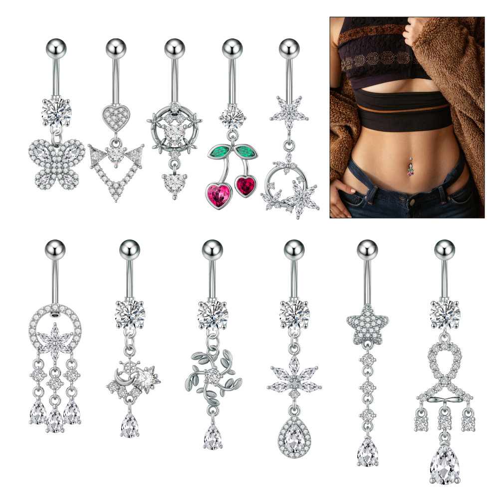 Nouveau piercing Cross-border R : Cœur, Cerise, Perle, Lune, Pentagramme, Zirconium, Papillon, Zircon, Acier inoxydable_voghion.com