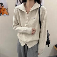 韩系翻领针织开衫女2025春秋新款慵懒风宽松拉链毛衣外套长袖上衣