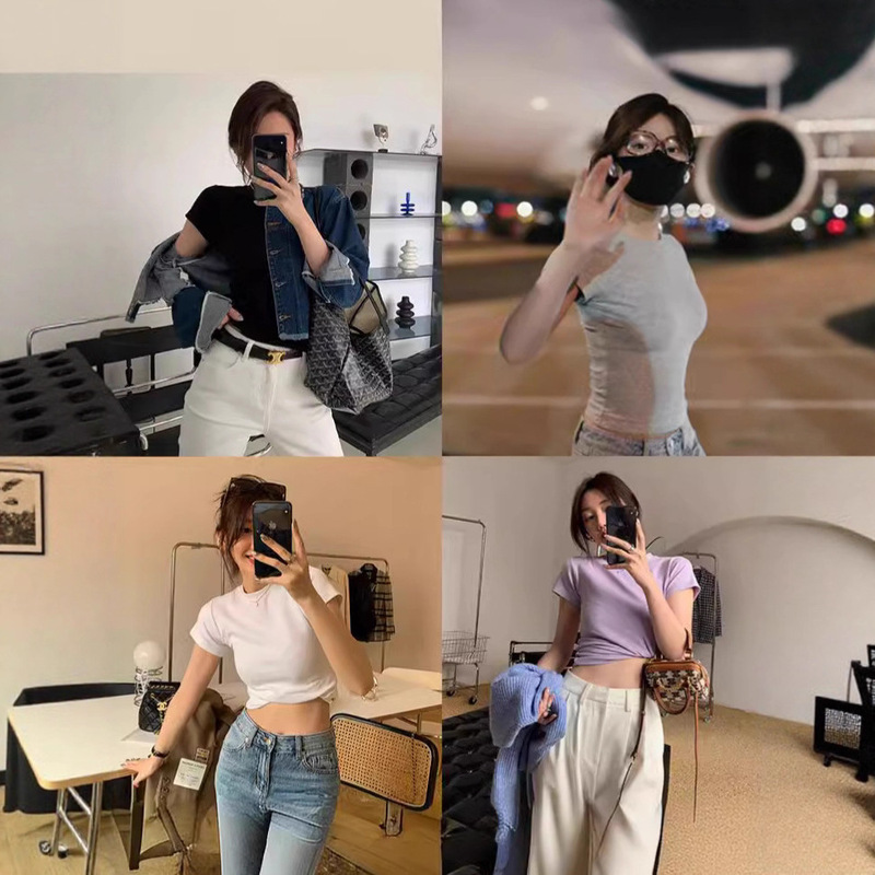 Black Shoulder Crewneck T-Shirt Women's Simple Basic Top Summer Slim Fit American Style Hot Girl Short Chic Short Sleeve