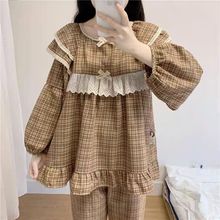 长袖复古宫廷风新款格子宽松纯棉学生睡衣女春秋季长裤家居服套装