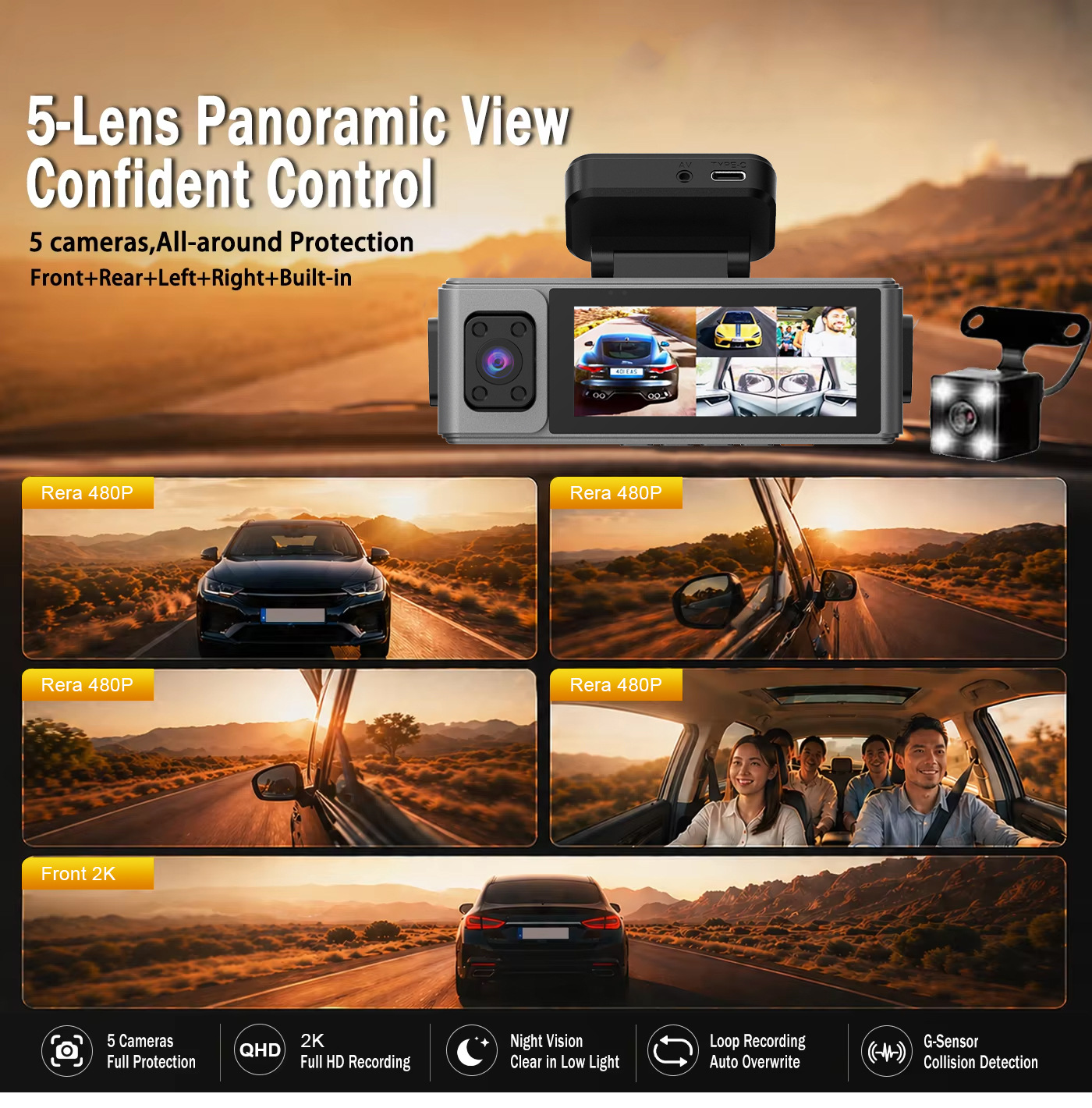 Cross-border five-lens dashcam with high-definition 2K wide-angle night vision, WiFi, front and rear in-car recording device