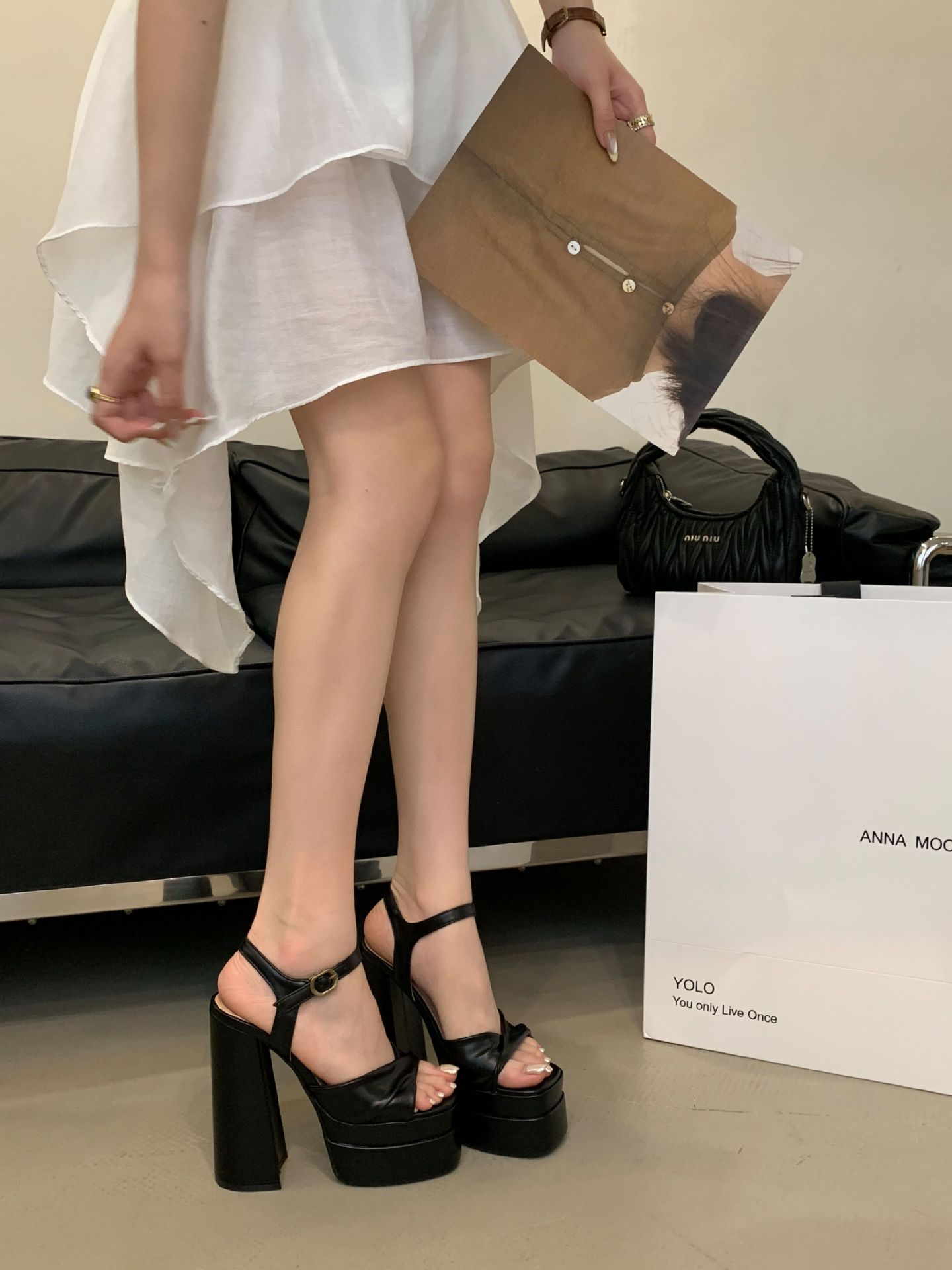 Sandal cao gót nữ quai ngang mũi vuông đế dày chống nước, gót siêu cao 9 cm — Màu đen chi tiết 9