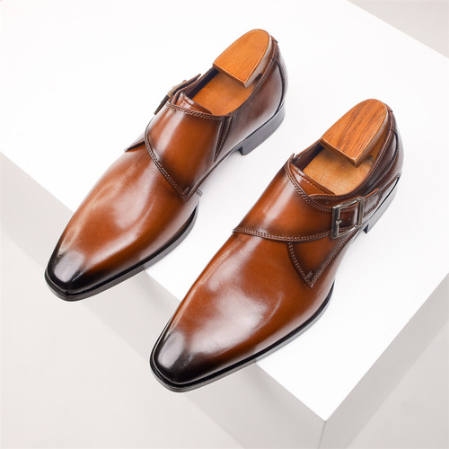 Large size England Monk shoes square toe genuine leather shoes buckle monk men shoes business dress leather shoes men's style English style