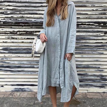 2025秋款亚马逊欧美女装宽松纯色棉麻长袖衬衫长裙时尚休闲连衣裙