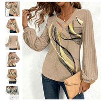 秋季跨境电商爆款上衣印花T恤打底针织衫长袖亚马逊欧美长袖t恤