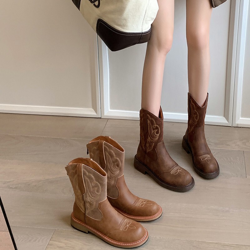 British Style Retro Embroidered Western Cowboy Boots for Women 2024 New Autum Maillard Knight Short Boots Boots