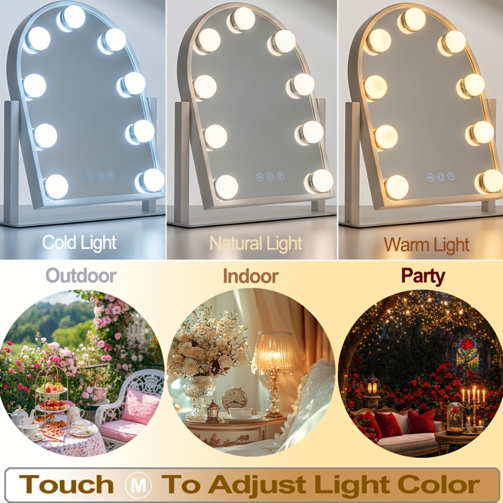 Gebogener Hollywood-Schminkspiegel, 9 dimmbare LED-Lampen, 3 Lichtmodi, Touch-Steuerung mit Memory-Funktion, Kosmetikspiegel für Schlafzimmer-Schminktisch_voghion.com