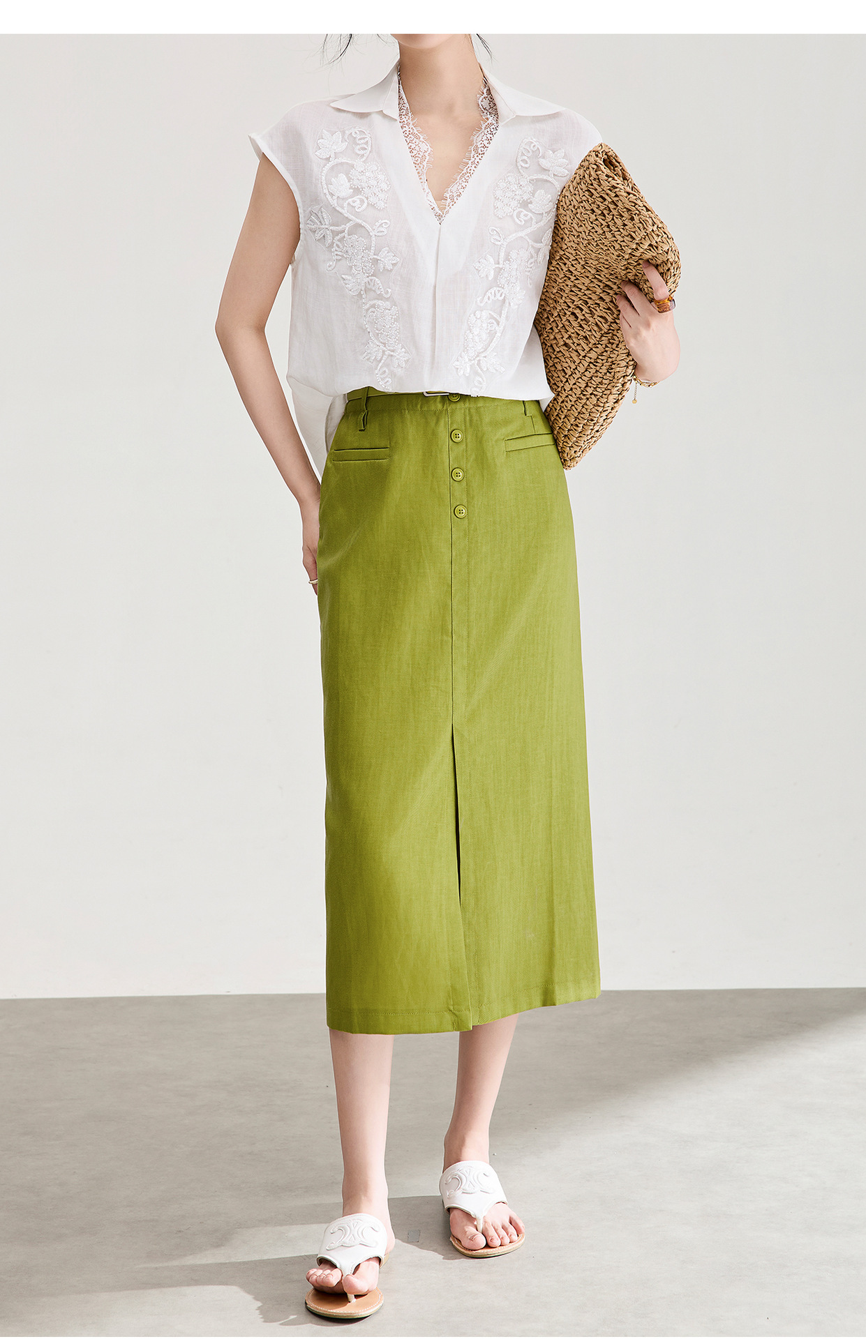 Chân váy xếp ly nữ xòe chất liệu tencel linen thoáng mát — Màu gai dầu thô chi tiết 15