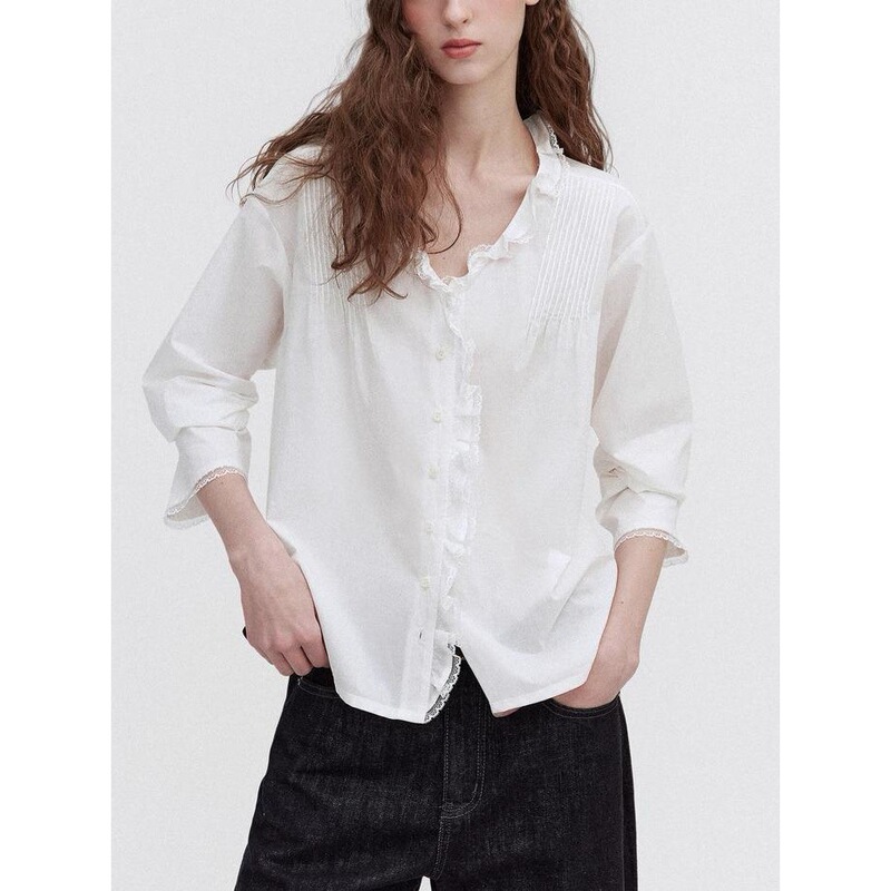 Letme Wild Strawberry' Romantic Ruffled Embroidered Lace Deep V-Neck Gentle 100% Cotton Shirt for Women