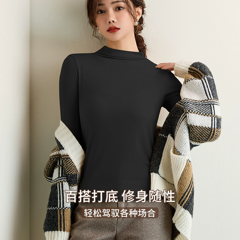 Оптовая продажа женский топ с высокой эластичной нитью, универсальный нижний рубашка с круглым вырезом и средним воротником, осень и зима, теплая Новая осень и зима