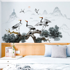 新款AD49072水墨畫仙鶴樹藤山川牆貼畫臥室客廳家居牆面裝飾貼紙