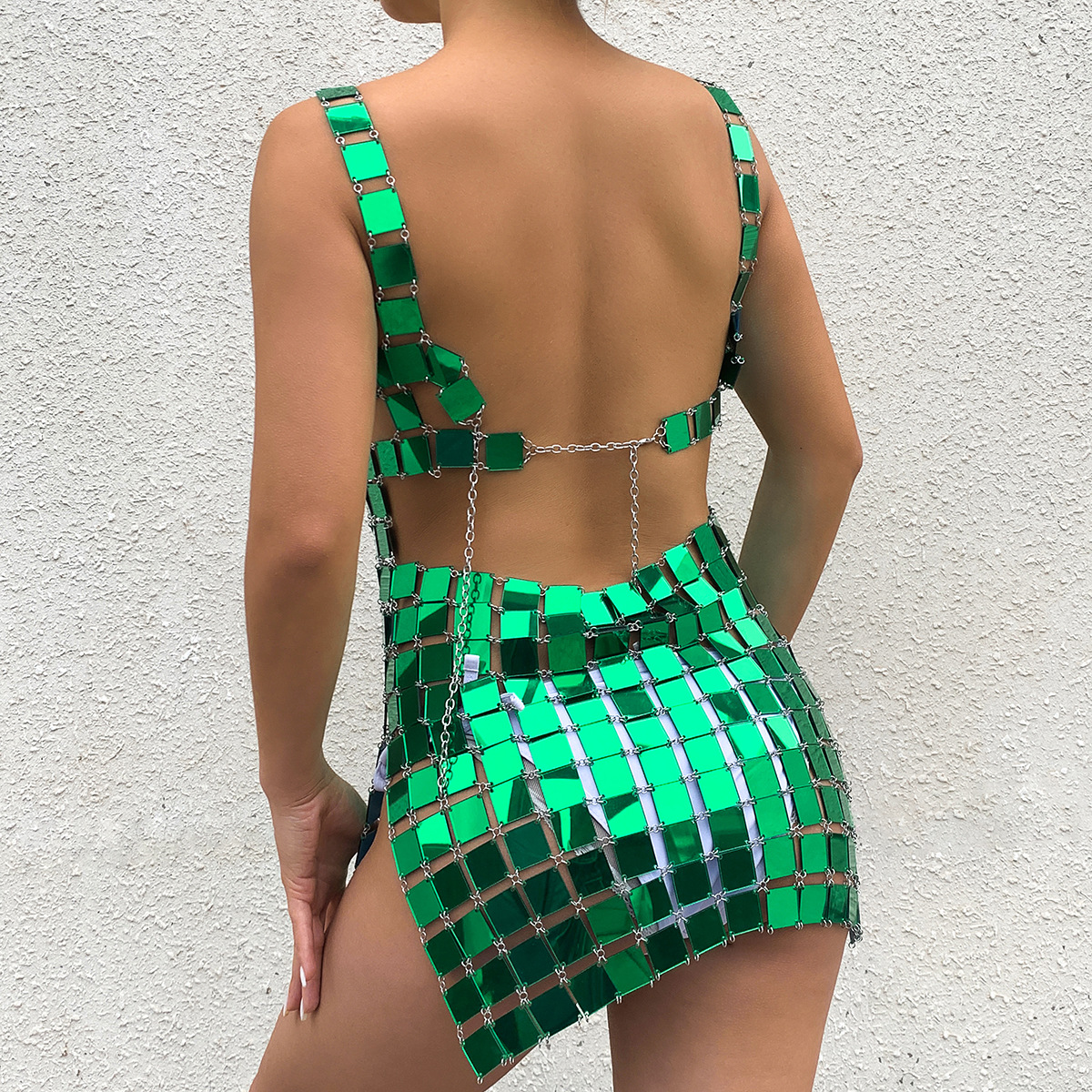 欧美跨境饰品 性感露背系带辣妹亮片连衣裙 夜店风开叉吊带身体链