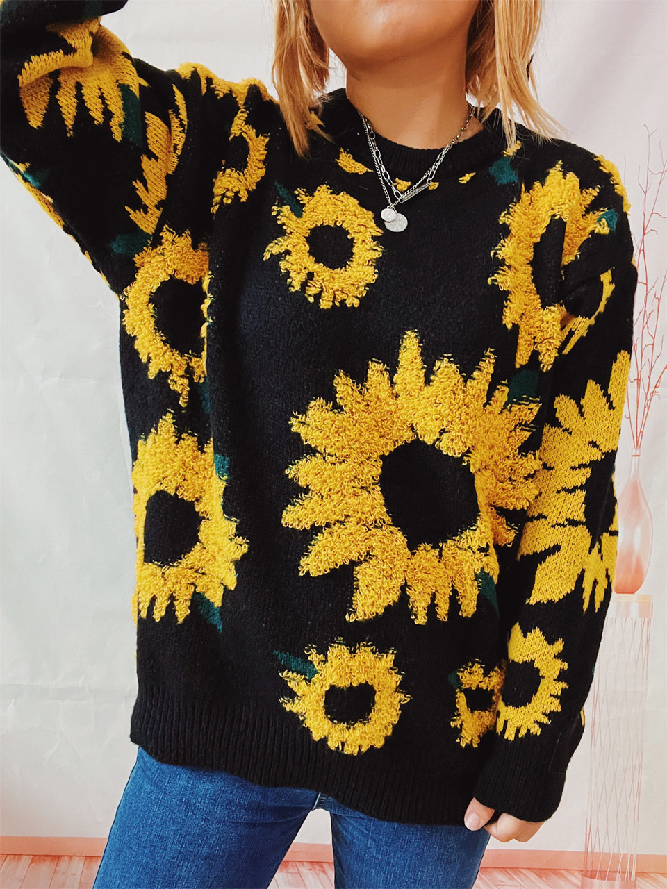 Women's Sunflower Jacquard Knitted Pullover Sweater For Winter_voghion.com