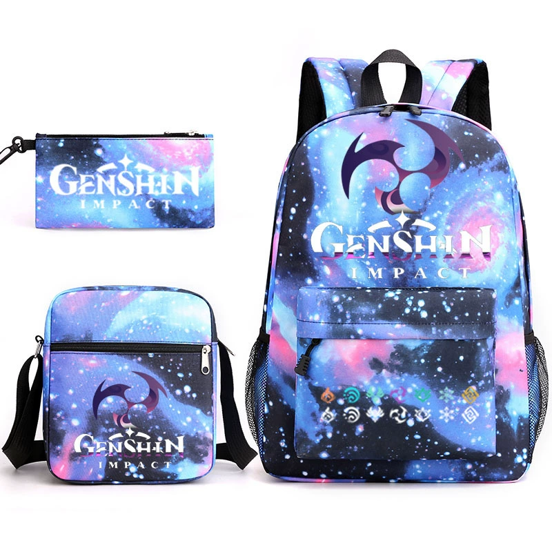 Backpack set (Genshin) 3‑piece — backpack, one‑shoulder bag, pencil case, assorted colors