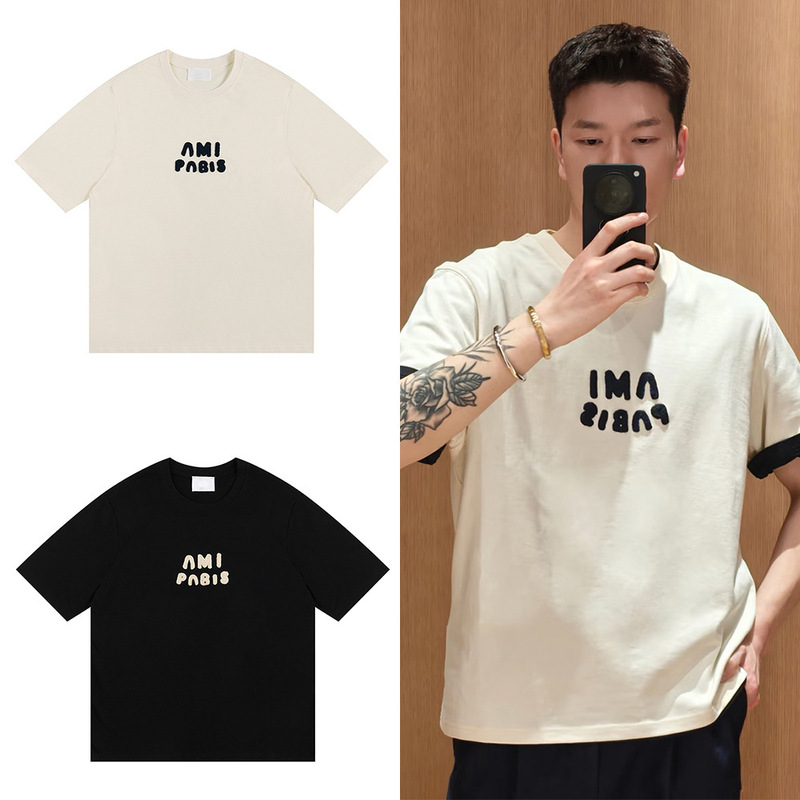 Foreign Trade Ami Cross-Border Wholesale Crayon Letter Print Summer Cotton Short-Sleeve T-Shirt Unisex Casual Loose Top